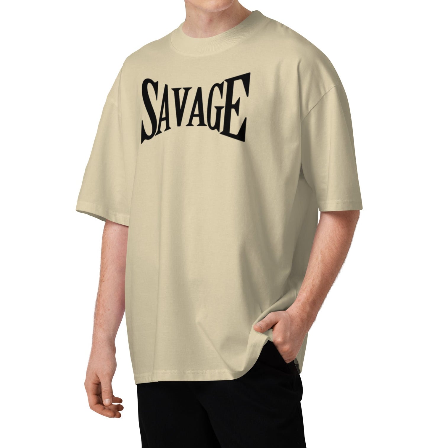 Person wearing a beige t-shirt with 'SAVAGE' text on a white background
