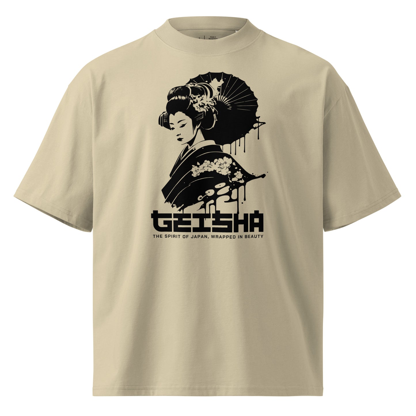 Beige t-shirt with black geisha design and text on a white background