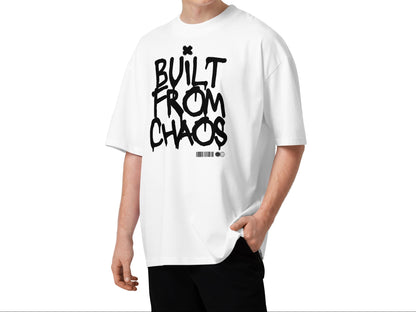 Person wearing a white t-shirt with text and graphic design on a white background