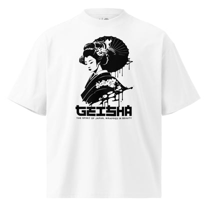 White t-shirt with black geisha design and text on a white background