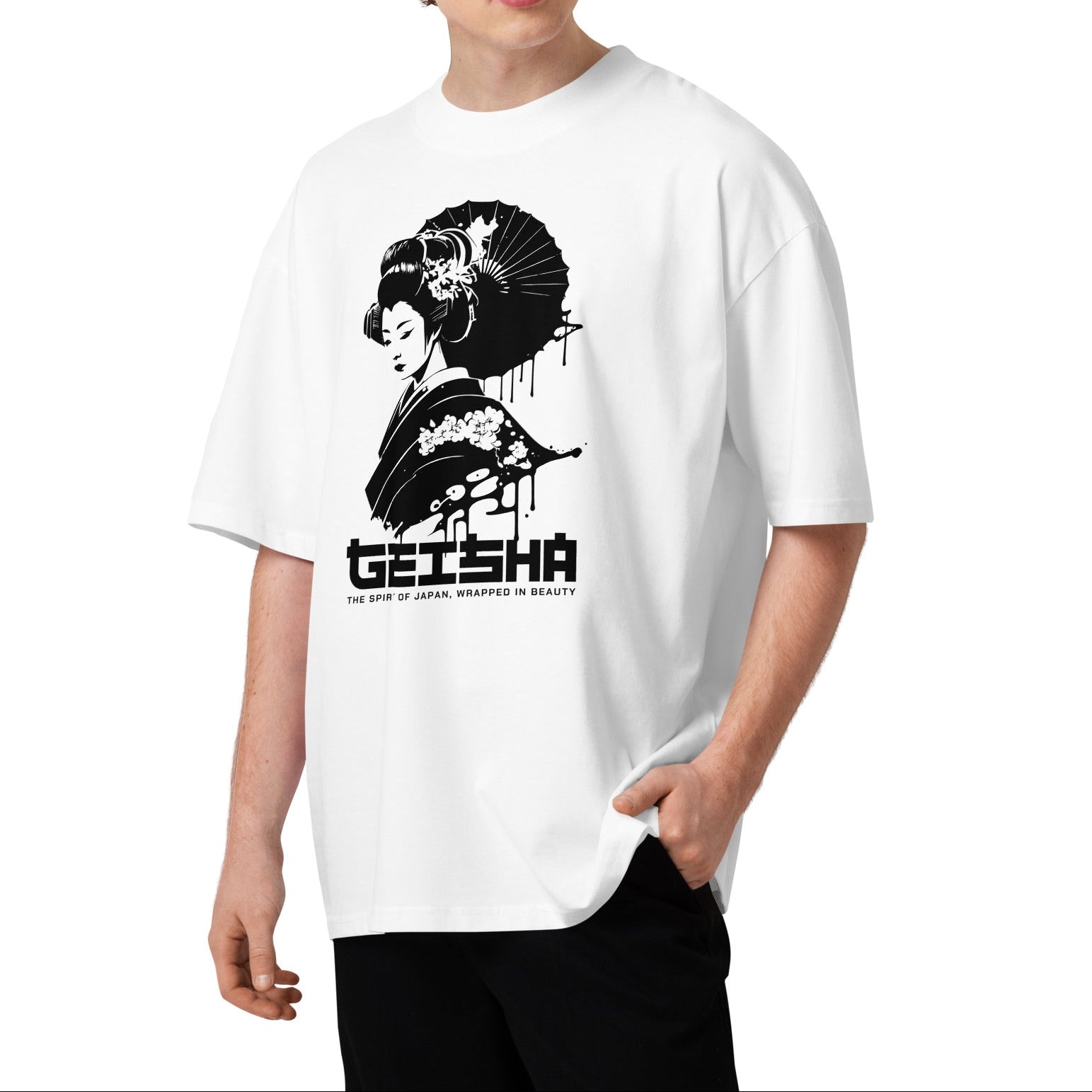 Person wearing a white t-shirt with a black graphic design and text on a white background