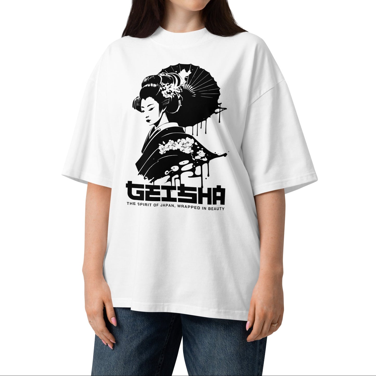 Woman wearing a white t-shirt with a black and white design and text on a white background