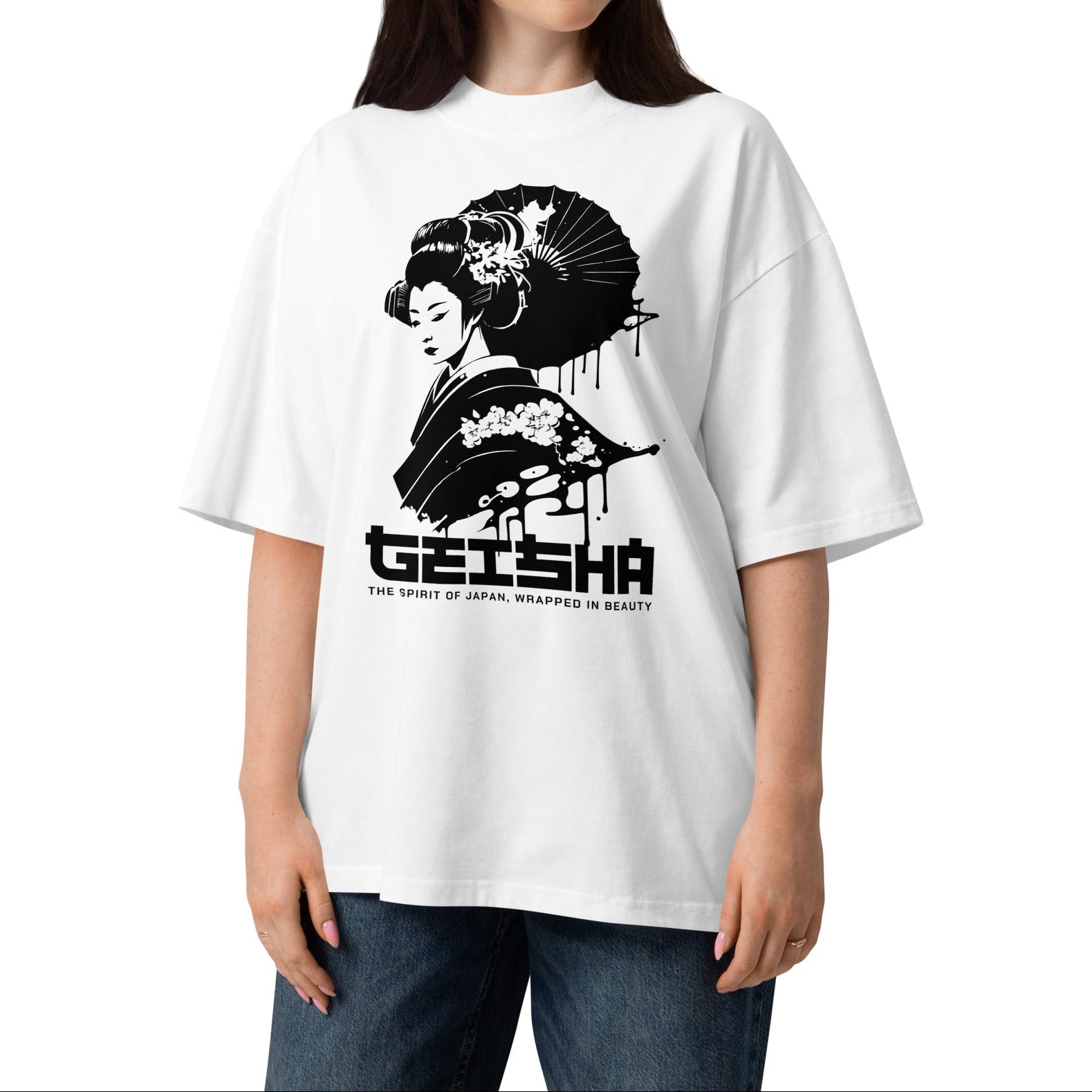 Woman wearing a white t-shirt with a black and white design and text on a white background