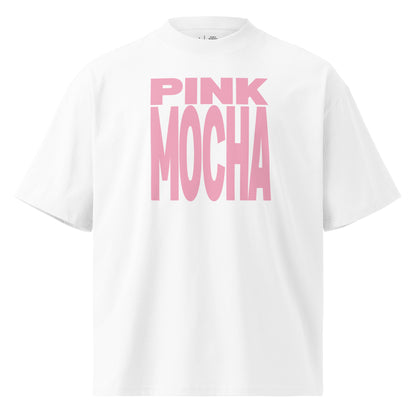 White t-shirt with 'Pink Mocha' text in pink on a white background