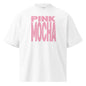 White t-shirt with 'Pink Mocha' text in pink on a white background