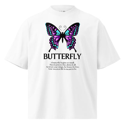 White t-shirt with a butterfly graphic and text on a white background