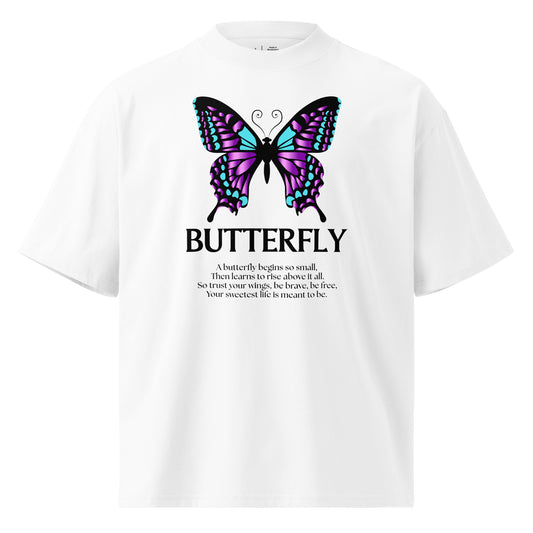 White t-shirt with a butterfly graphic and text on a white background