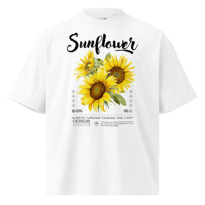 White t-shirt with sunflower design and text on a white background