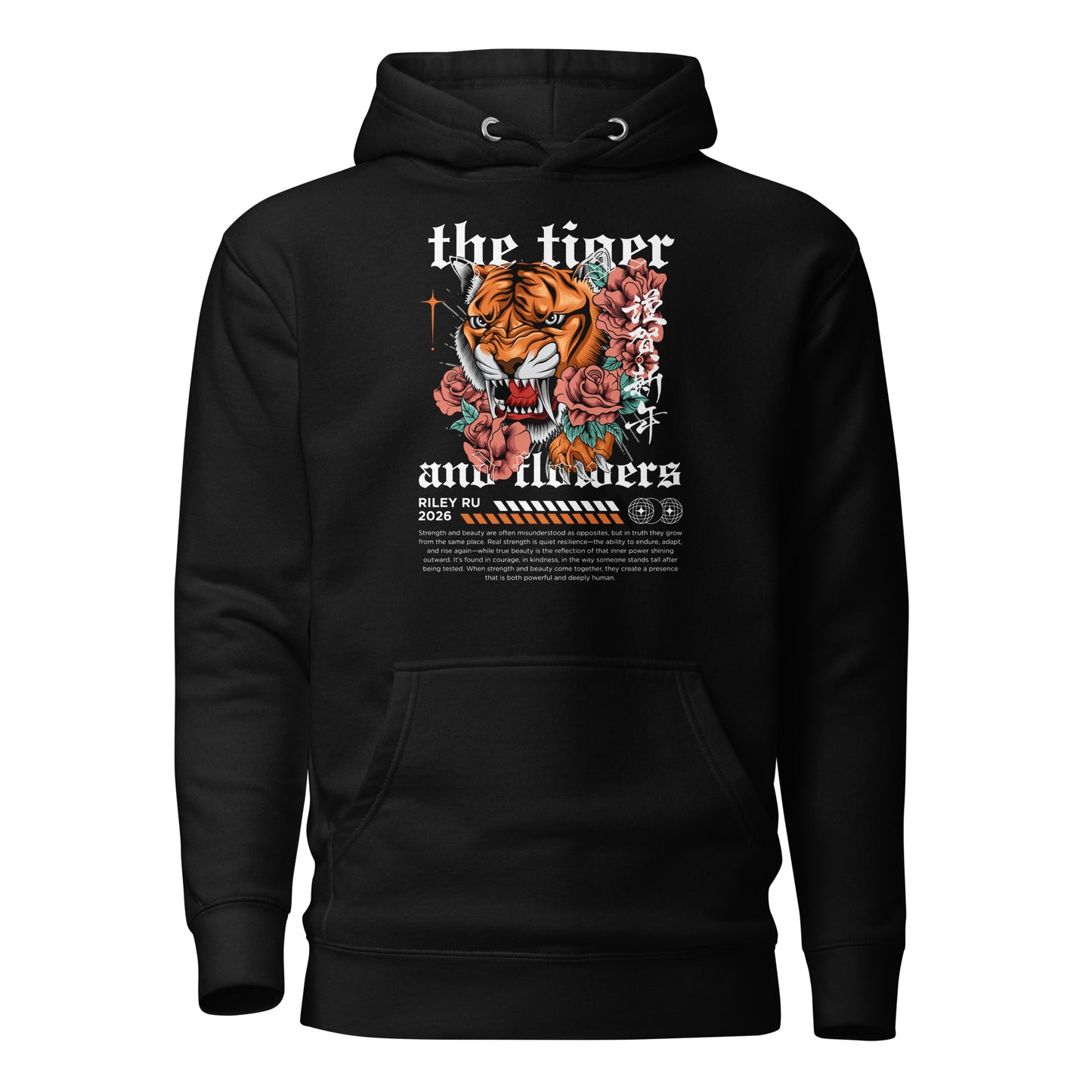 Black hoodie with a tiger and floral design on a white background