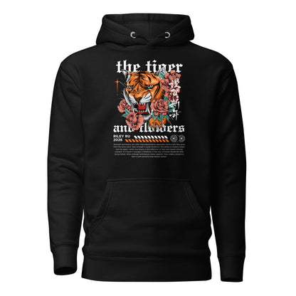 Black hoodie with a tiger and floral design on a white background