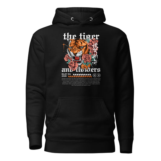 Black hoodie with a tiger and floral design on a white background