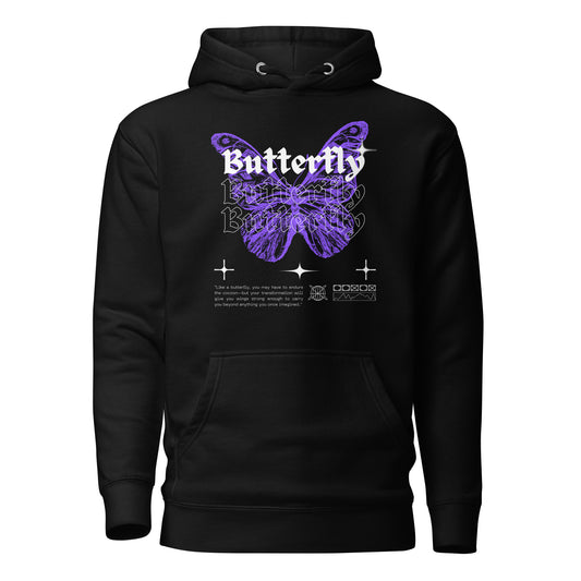 Black hoodie with a purple butterfly design on a white background