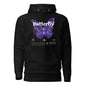 Black hoodie with a purple butterfly design on a white background
