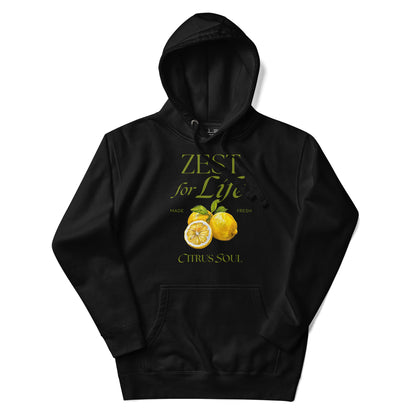 Black hoodie with lemon graphic and text on a white background