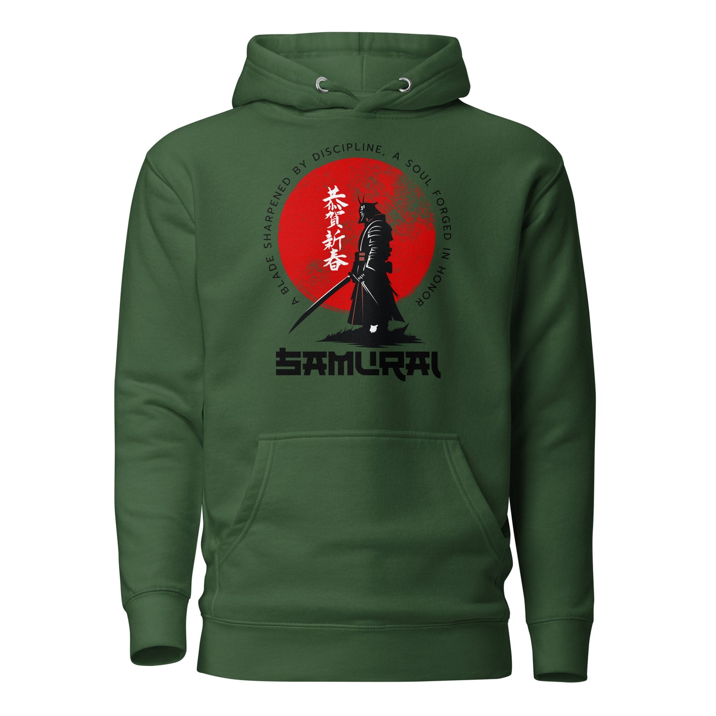 Green hoodie with a Samurai design on a white background