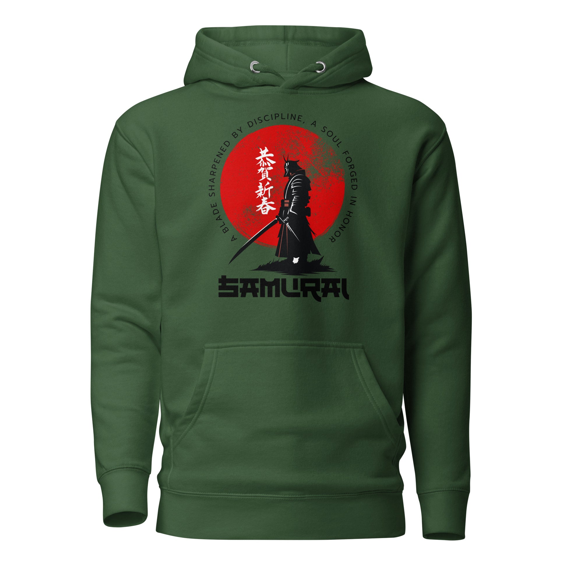 Green hoodie with a Samurai design on a white background