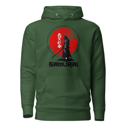 Green hoodie with a Samurai design on a white background