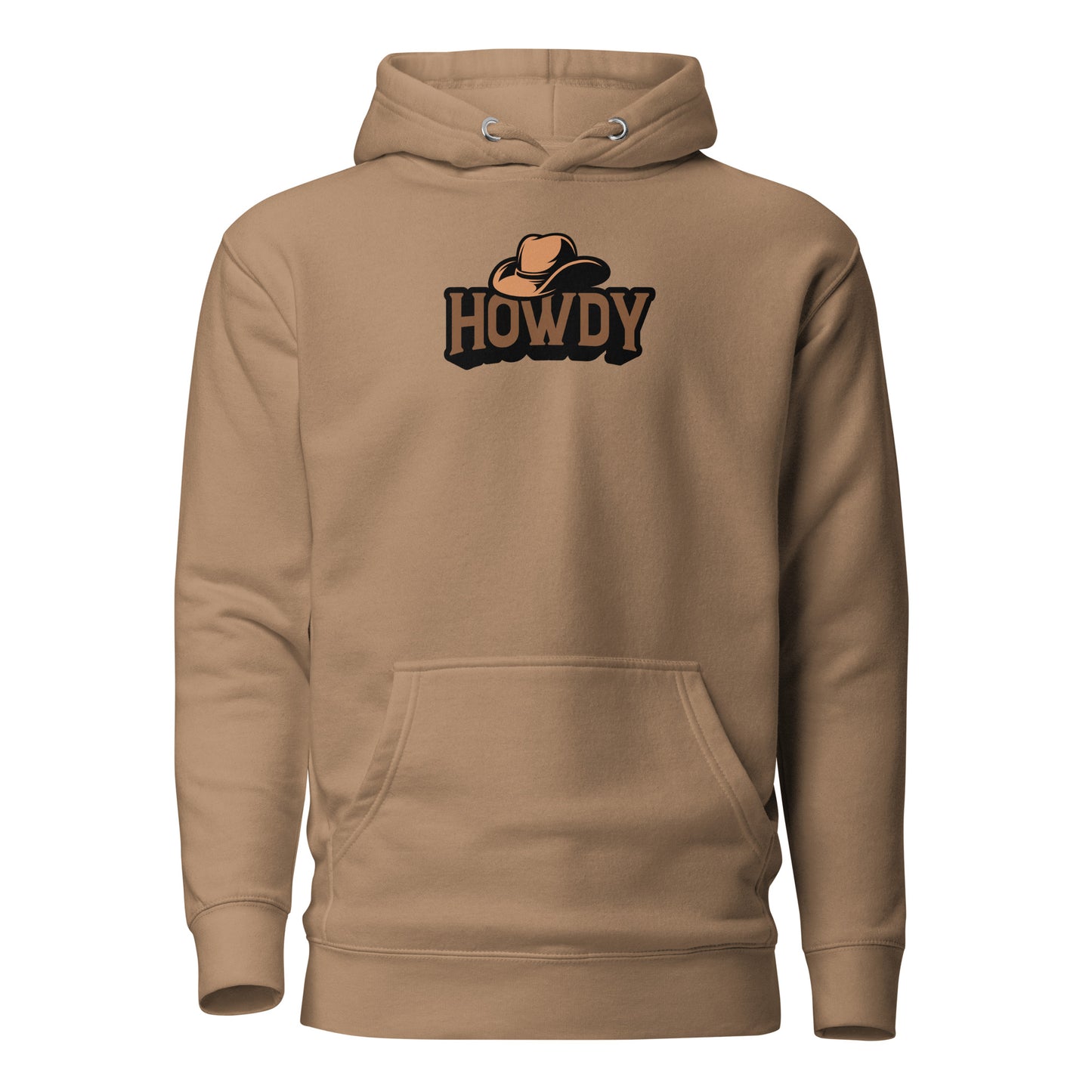 Brown hoodie with 'HOWDY' logo on a white background