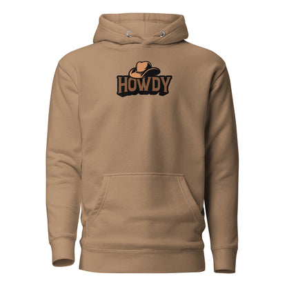 Brown hoodie with 'HOWDY' logo on a white background