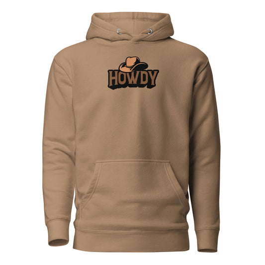 Brown hoodie with 'HOWDY' logo on a white background