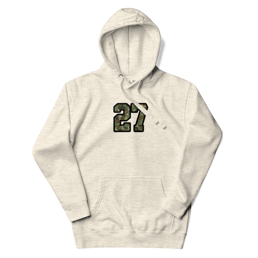 Beige hoodie with number 27 in camouflage print on a white background