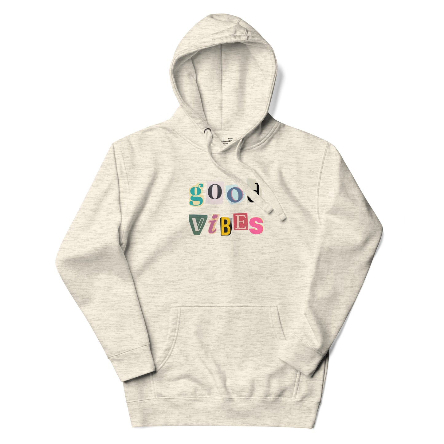 Beige hoodie with 'good vibes' text on a white background