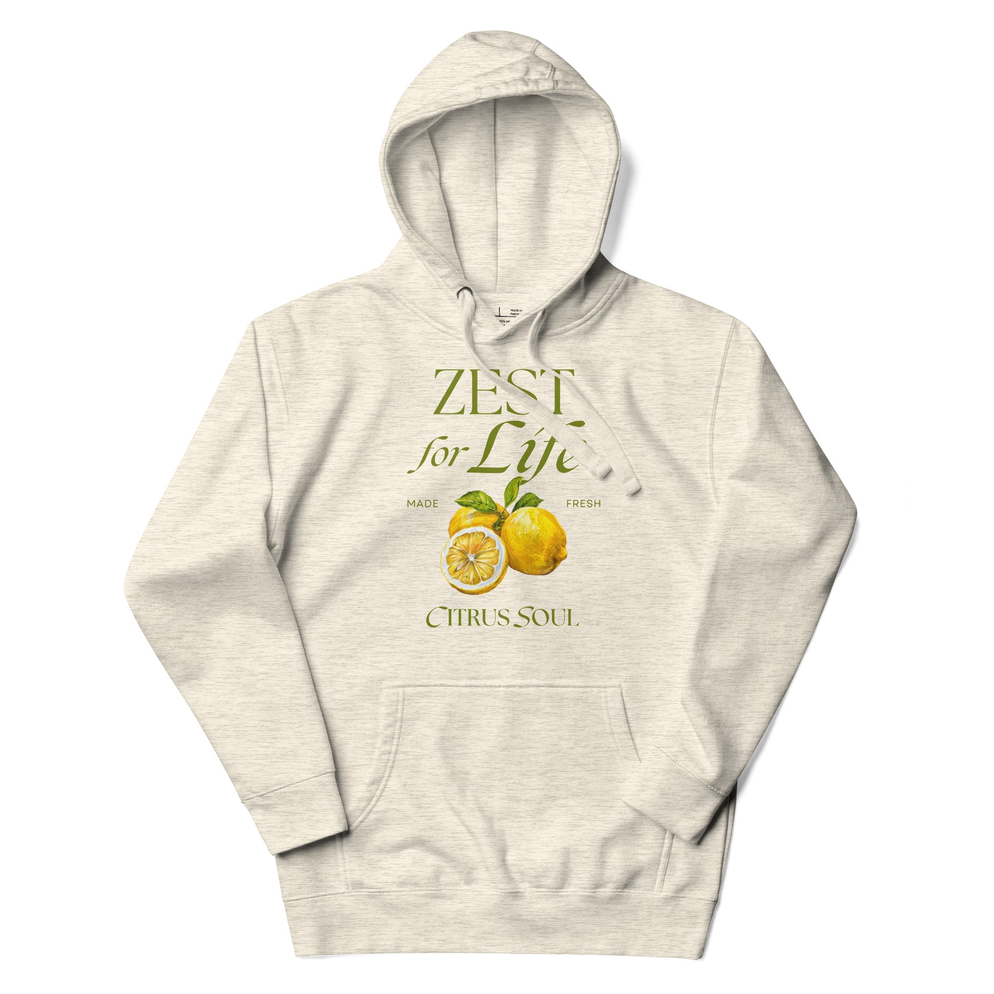Beige hoodie with lemon design and text on a white background