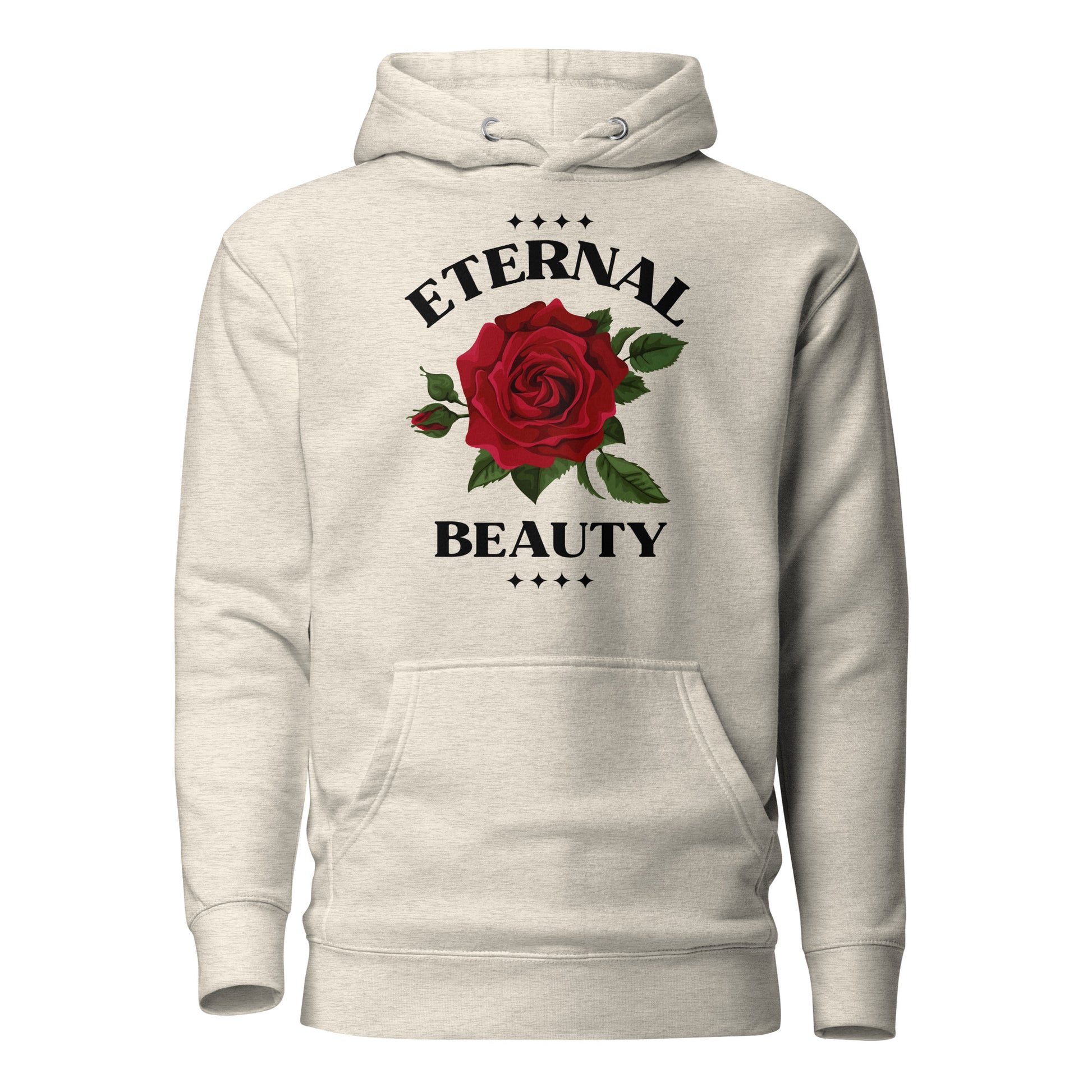 Beige hoodie with a red rose and 'Eternal Beauty' text on a white background