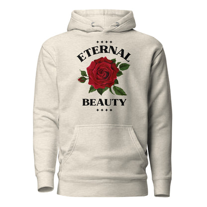 Beige hoodie with a red rose and 'Eternal Beauty' text on a white background