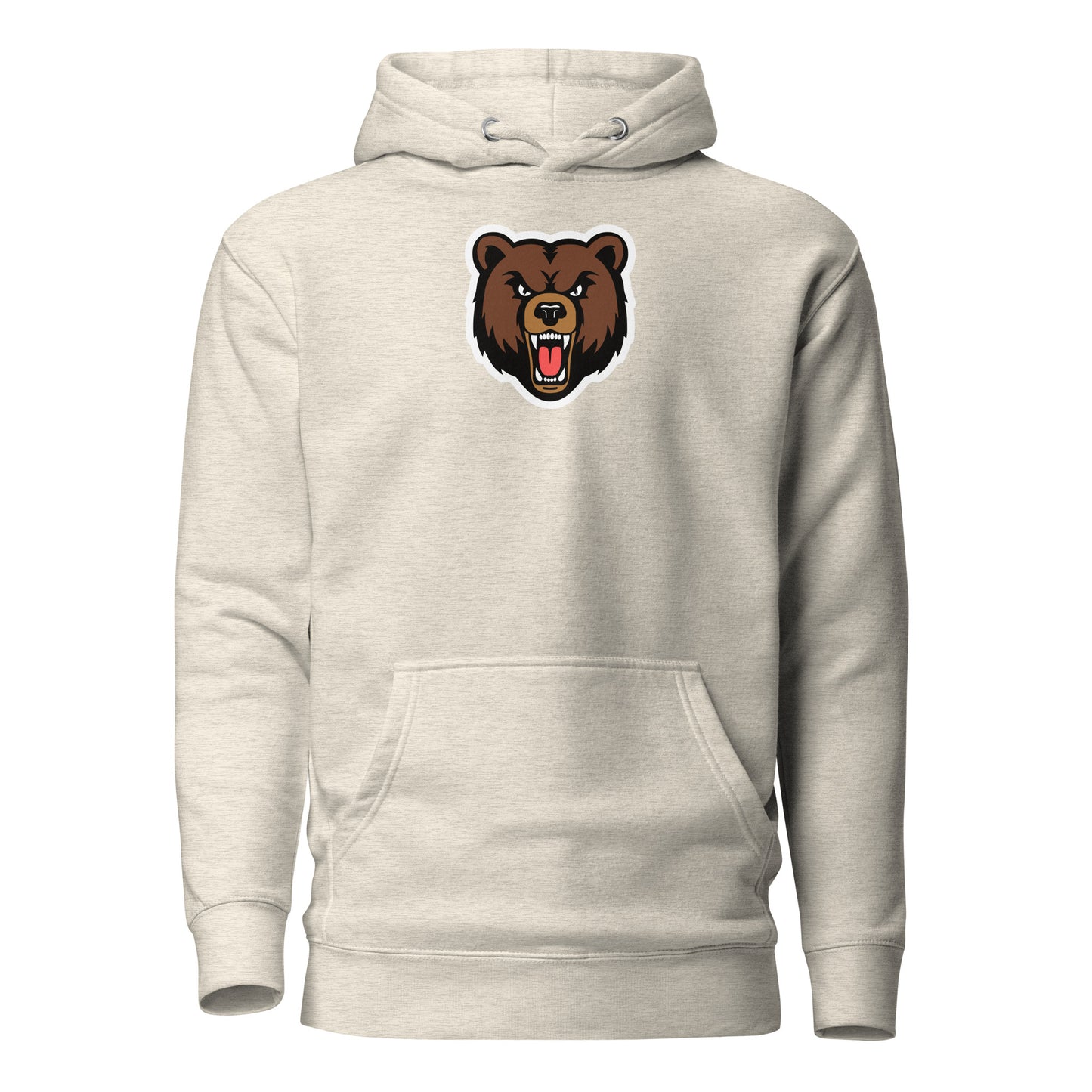 White hoodie with a black and gray graphic on a white background