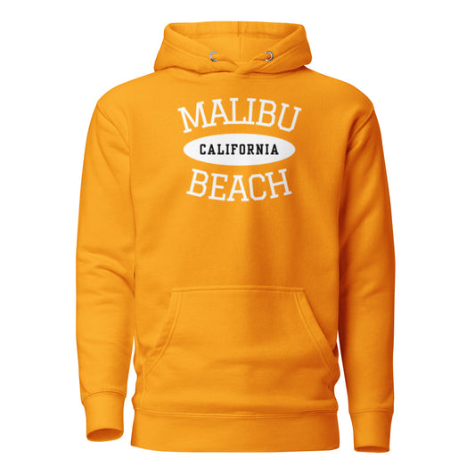 Orange hoodie with 'Malibu California Beach' text on a white background
