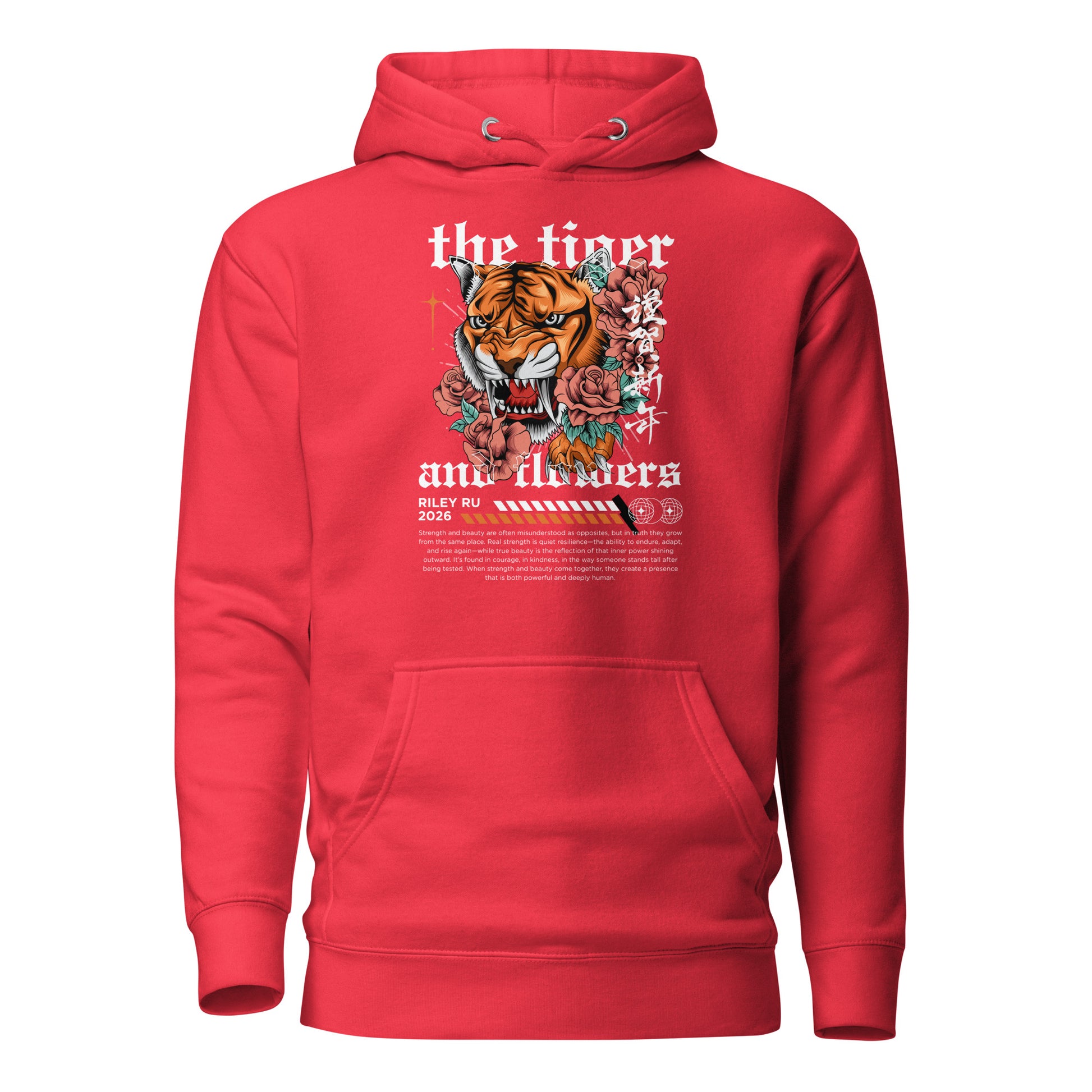 Red hoodie with a tiger and floral design on the back against a white background