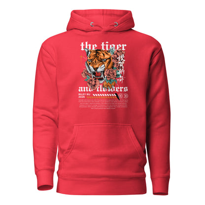 Red hoodie with a tiger and floral design on the back against a white background