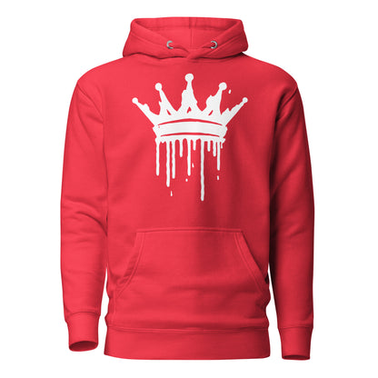 Red hoodie with a white crown graphic on a white background