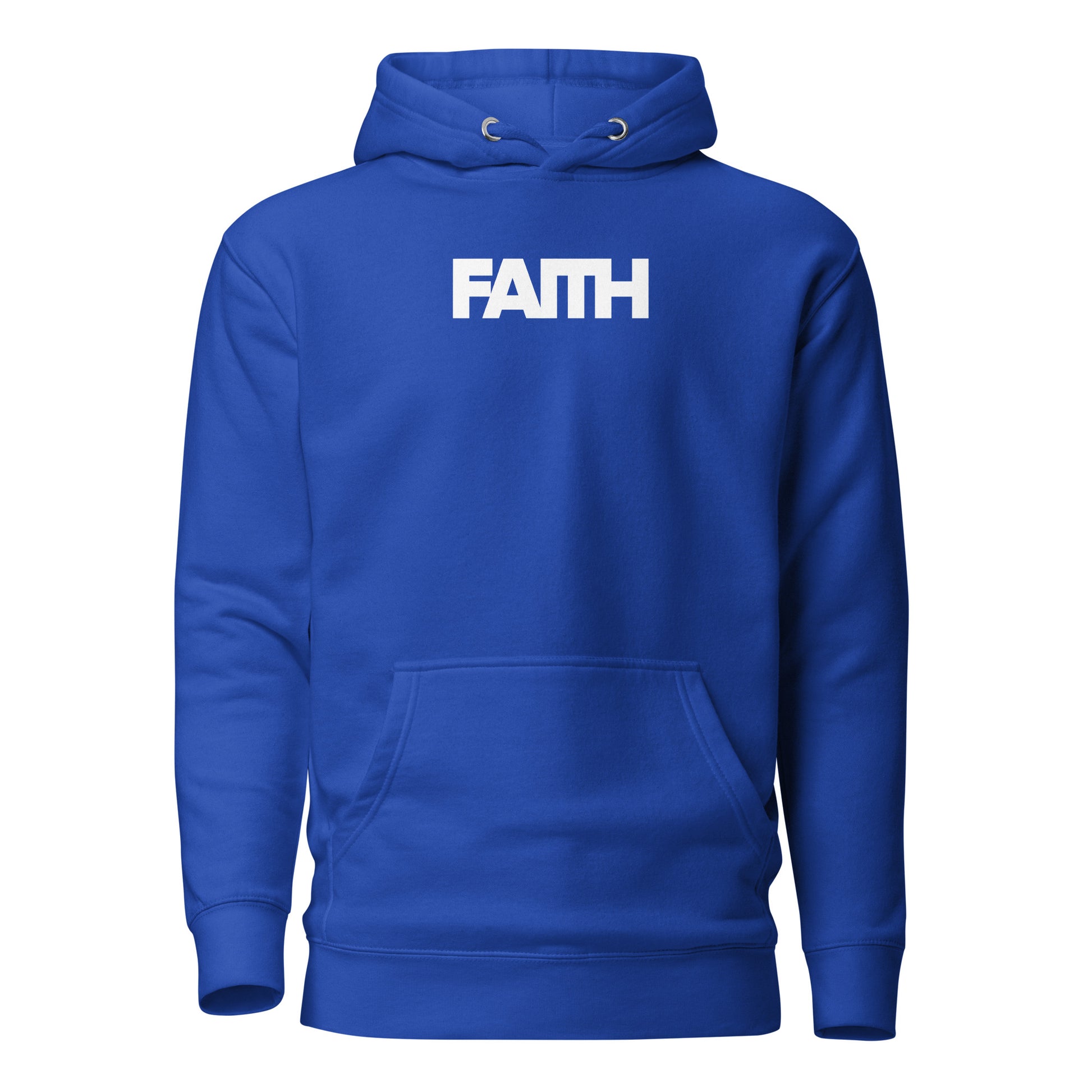 Blue hoodie with 'FAITH' printed on the chest against a white background