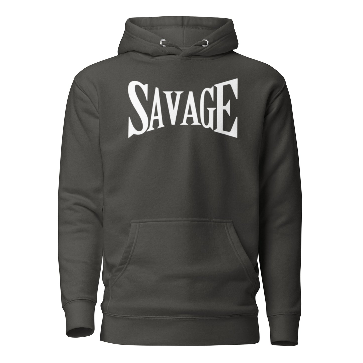 Black hoodie with 'SAVAGE' text on a white background