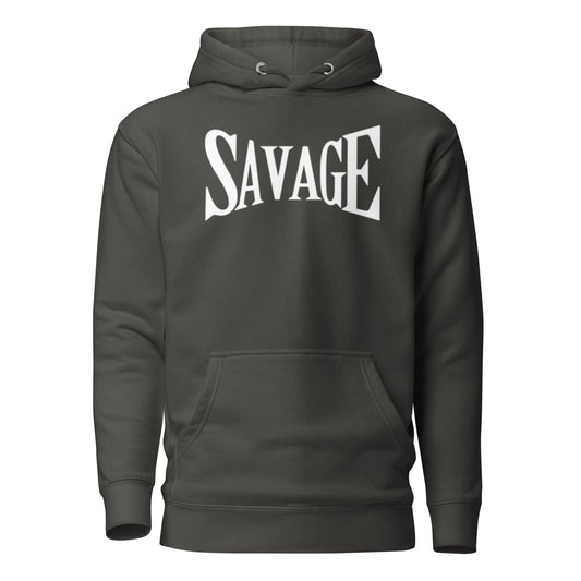 Black hoodie with 'SAVAGE' text on a white background