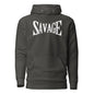 Black hoodie with 'SAVAGE' text on a white background