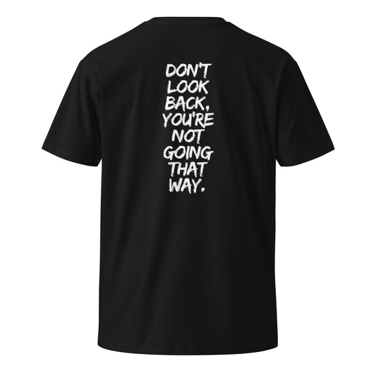 Black t-shirt with white text on sleeves against a white background