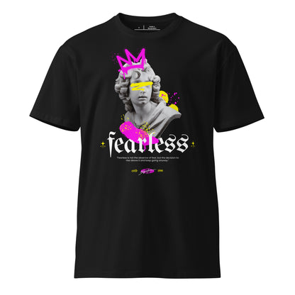 Black t-shirt with a graphic design featuring a statue and the word 'fearless' on a white background.