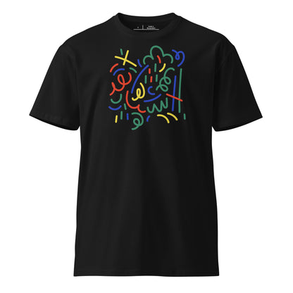 Black t-shirt with colorful abstract design on a white background