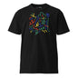 Black t-shirt with colorful abstract design on a white background