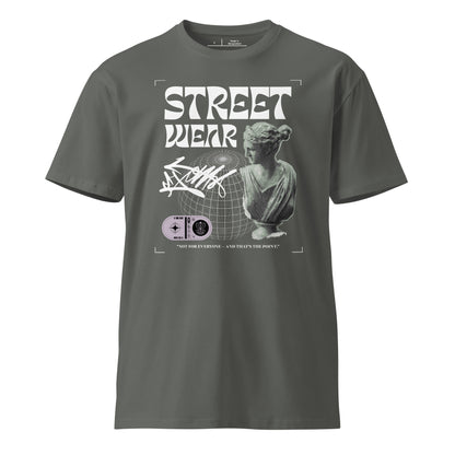 Gray t-shirt with graphic design and text on a white background