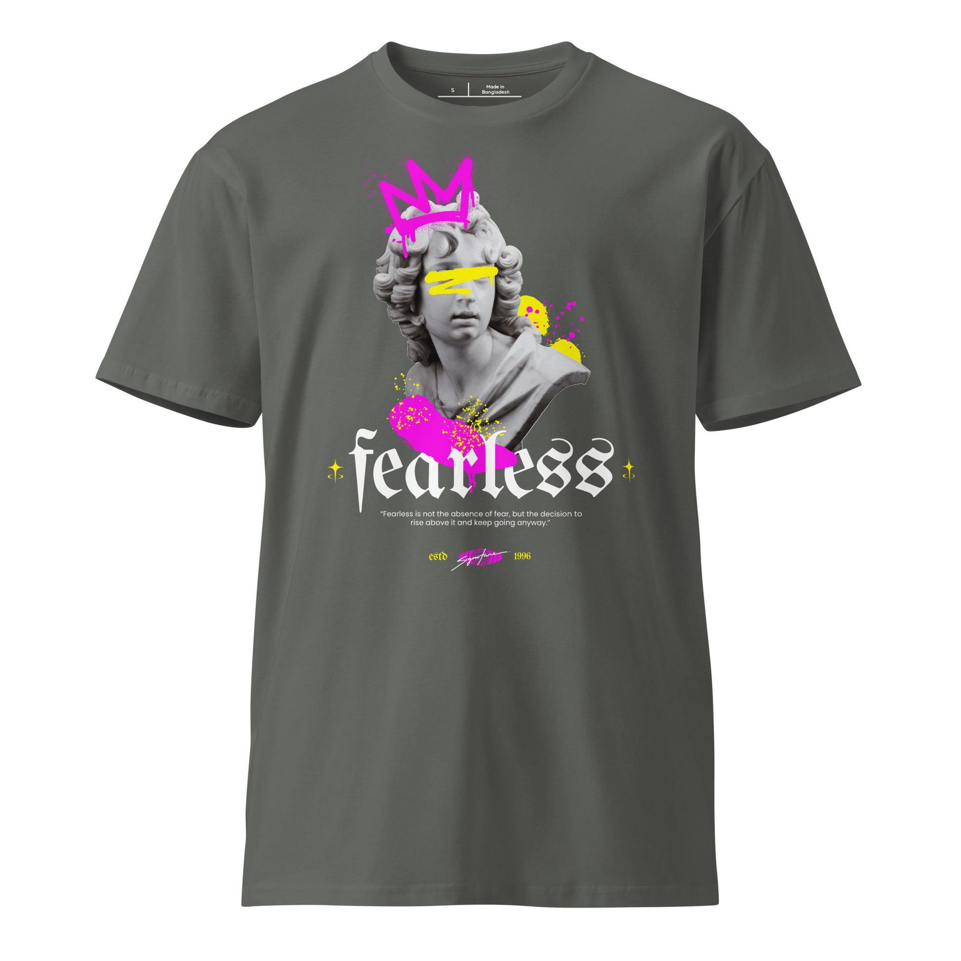 Gray t-shirt with a graphic design featuring a statue and the word 'fearless' on a white background.