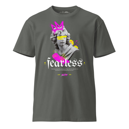 Gray t-shirt with a graphic design featuring a statue and the word 'fearless' on a white background.