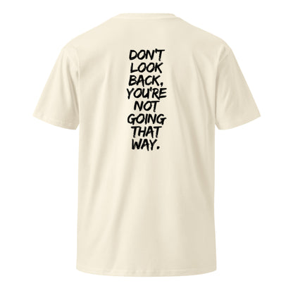 Beige t-shirt with black text on a white background