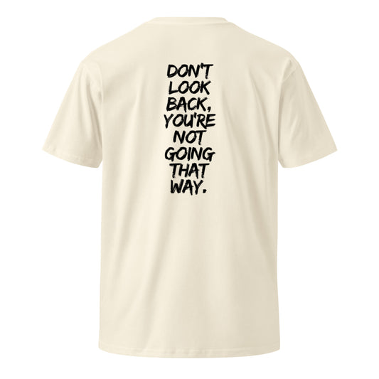 Beige t-shirt with black text on a white background