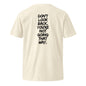 Beige t-shirt with black text on a white background