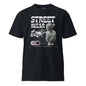 Black t-shirt with graphic design and text on a white background