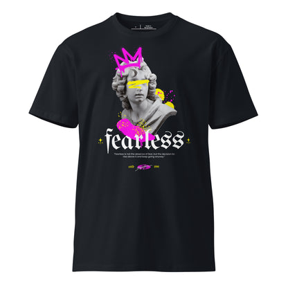 Black t-shirt with a graphic design featuring a statue and the word 'fearless' on a white background.